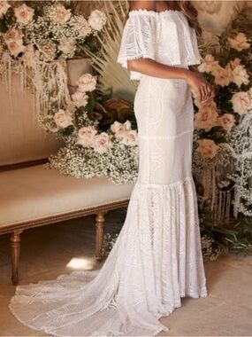 NEW LULUS IN MY LIFE off the shoulder lace maxi beach coastal wedding dress s